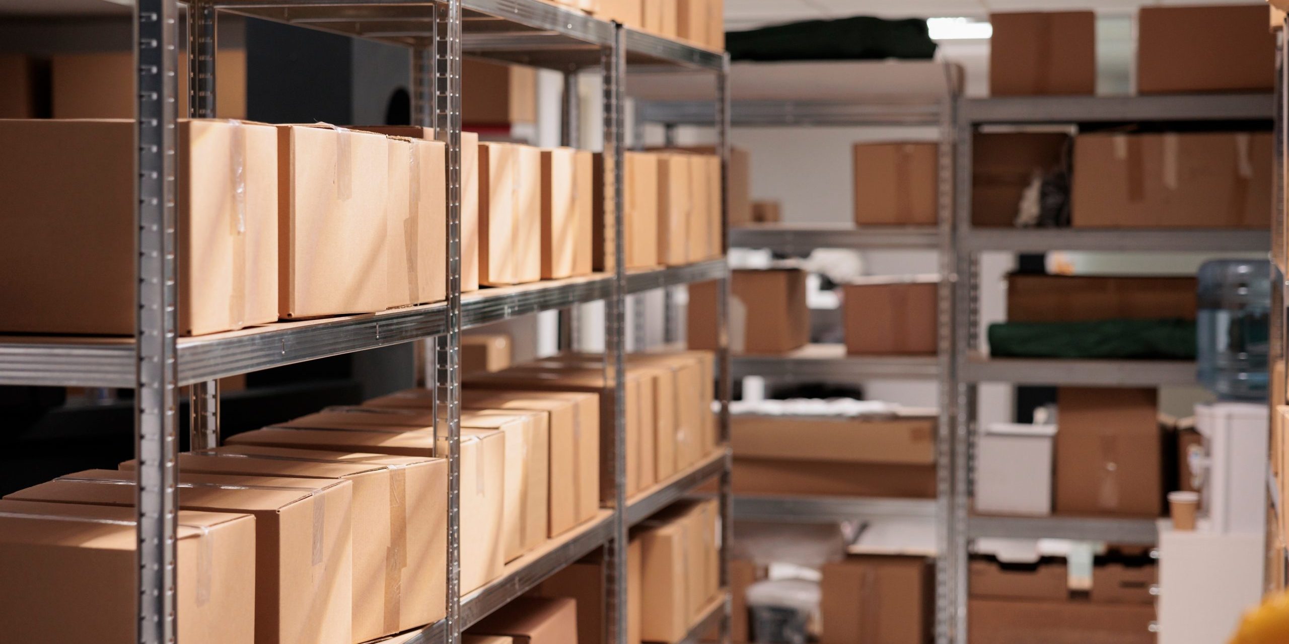 Goods,Packages,Lying,On,Storehouse,Racks,,Waiting,For,Transportration,In